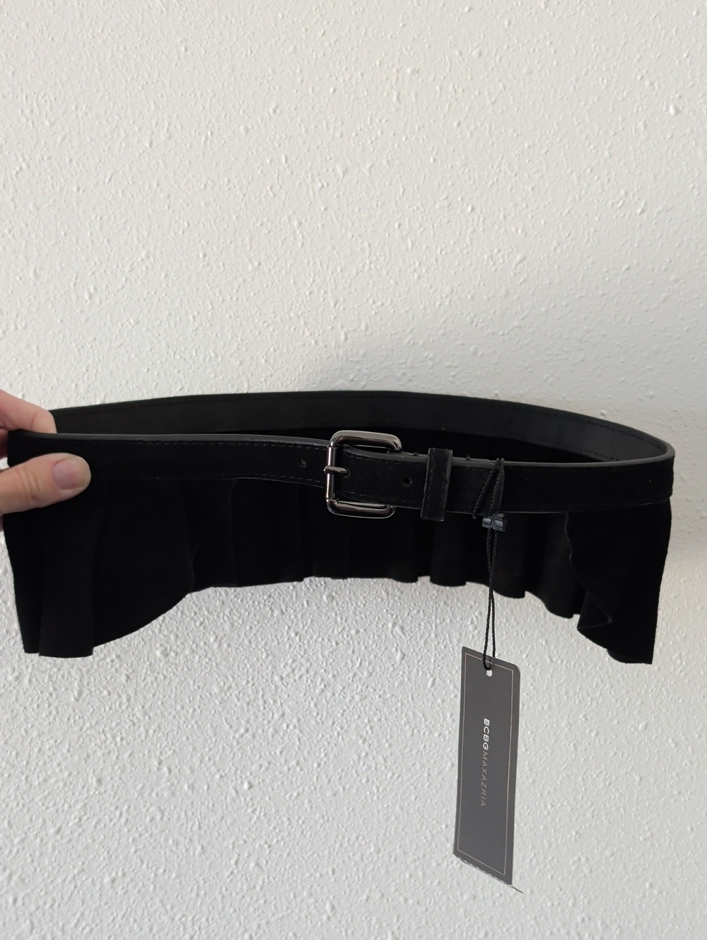 BCBGMaxAzria Black Suede Ruffle Peplum Waist Belt